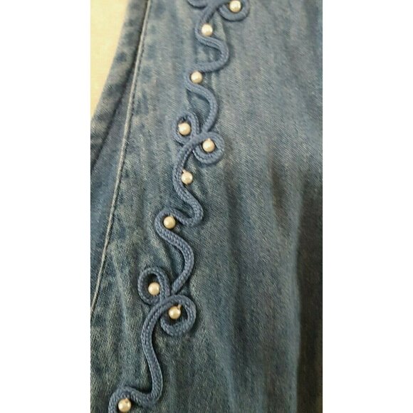 Vintage 80s Denim Chambray Dress L Beaded Vest Faded Tie Back Maxi Cottage Core - Picture 4 of 9
